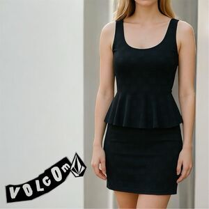 Volcom Black Sleeveless Scoop Neck Sheer Polka Dot Peplum Y2K Short Dress